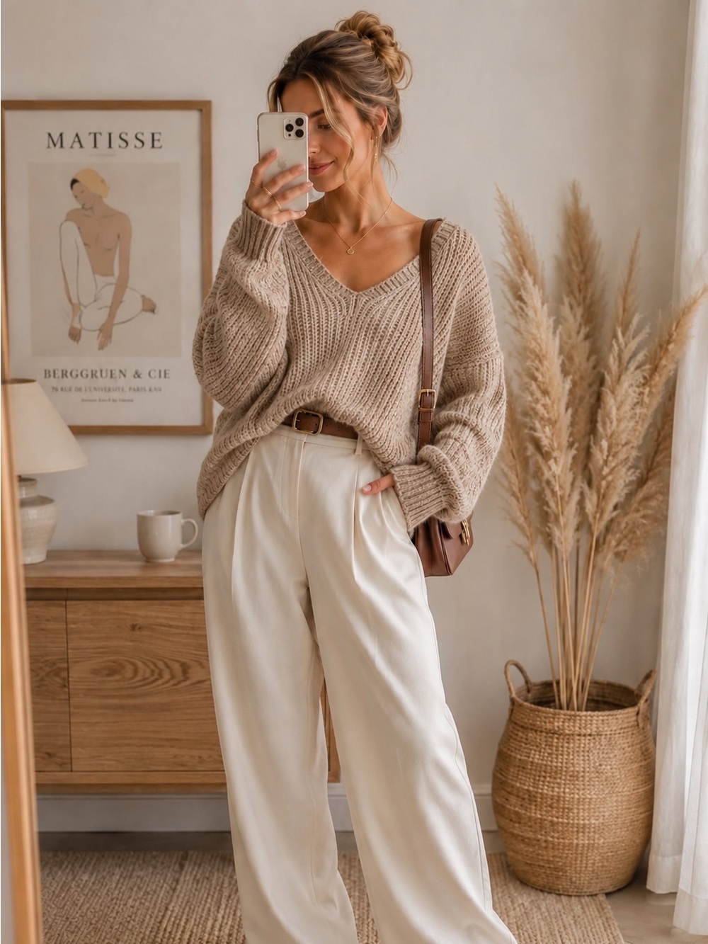 Sadie & Sage Oatmeal Chunky Wool Blend Open Stitch Knit V-Neck Oversized Sweater